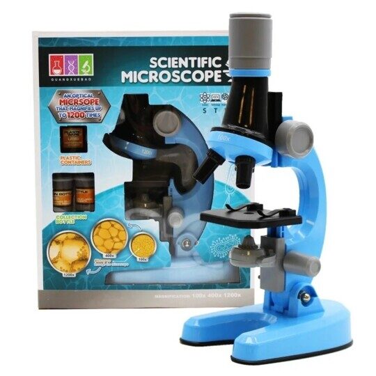 Детский микроскоп 1013 увеличение 100x, 400x, 1200x, подсветка, разные цвета