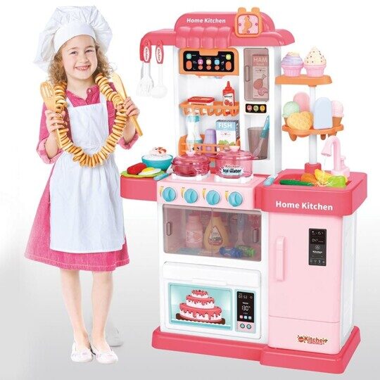 Детская кухня с водой WD-P35 свет, звук, пар, розовая, 43 предмета