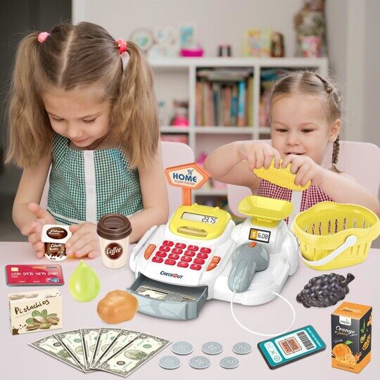 Касса детская игра в магазин 668-117, сканер, весы, калькулятор, 36 предметов, на батарейках