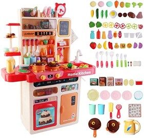 Высокая Детская кухня с водой, свет, звук, пар, яйцеварка, 80 предметов, холодильник, WD-p39