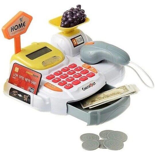 Касса детская игра в магазин 668-117, сканер, весы, калькулятор, 36 предметов, на батарейках
