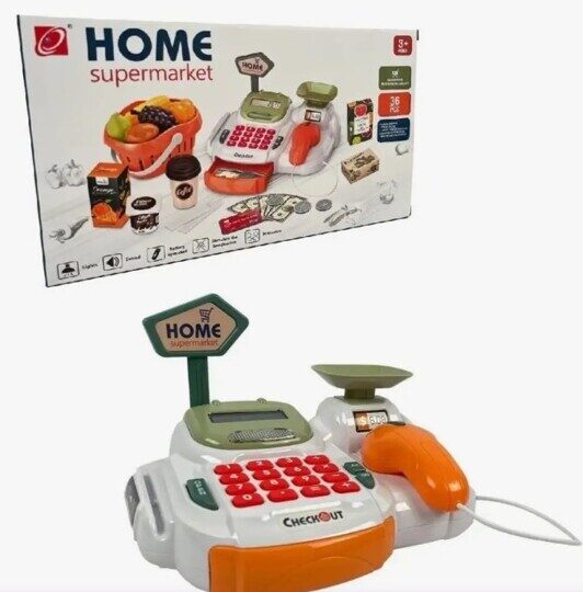 Касса детская игра в магазин 668-118, сканер, весы, калькулятор, 36 предметов, на батарейках